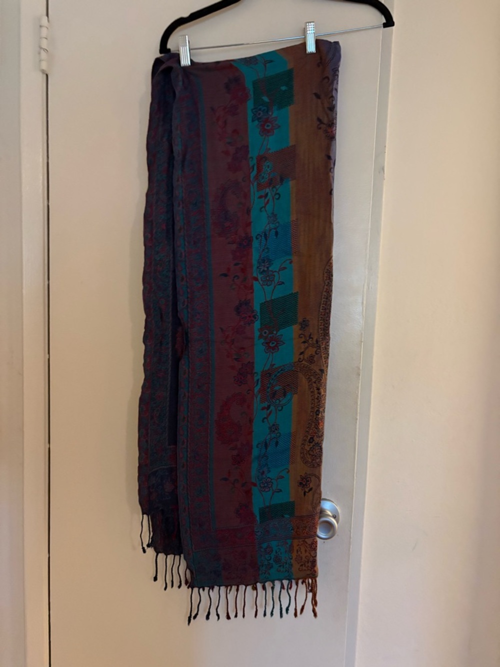 Boho Floral Striped Pashmina Scarf in Teal, Plum & Brown